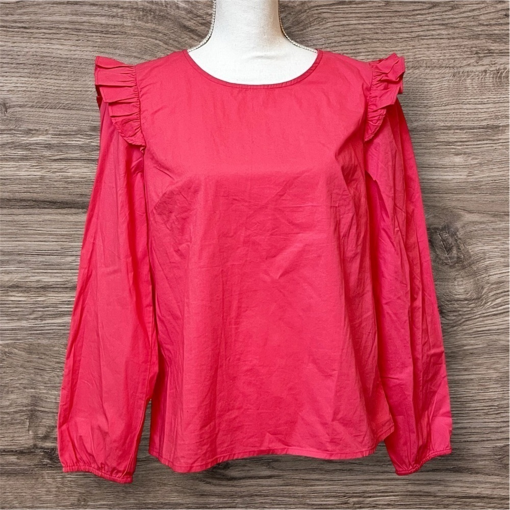 🎁 J. Crew Pink / Coral Ruffle Long Sleeve Top Blouse Size M NWT